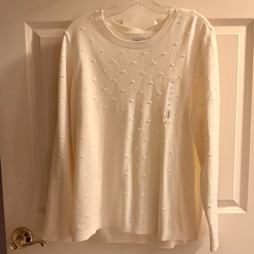 Croft & Barrow White Popcorn Nubby Raised Dot Textured Crewneck Pullover Sweater